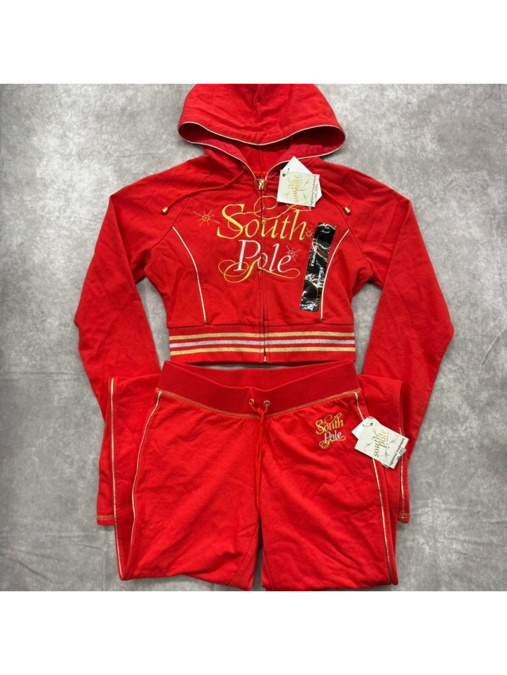 Vintage Y2K Southpole Red Gold Tracksuit Set Cropped Hoodie Flare Small NWT